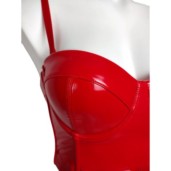 Red Convertible Shiny PU Leather Wet Look Bustier Corset Crop Top - Picture 7 of 9